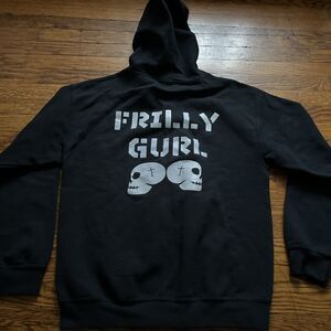 VTG Y2K Gildan Black Zip Up Frilly Gurl Skull Hoodie Size M Skater Grunge Rave